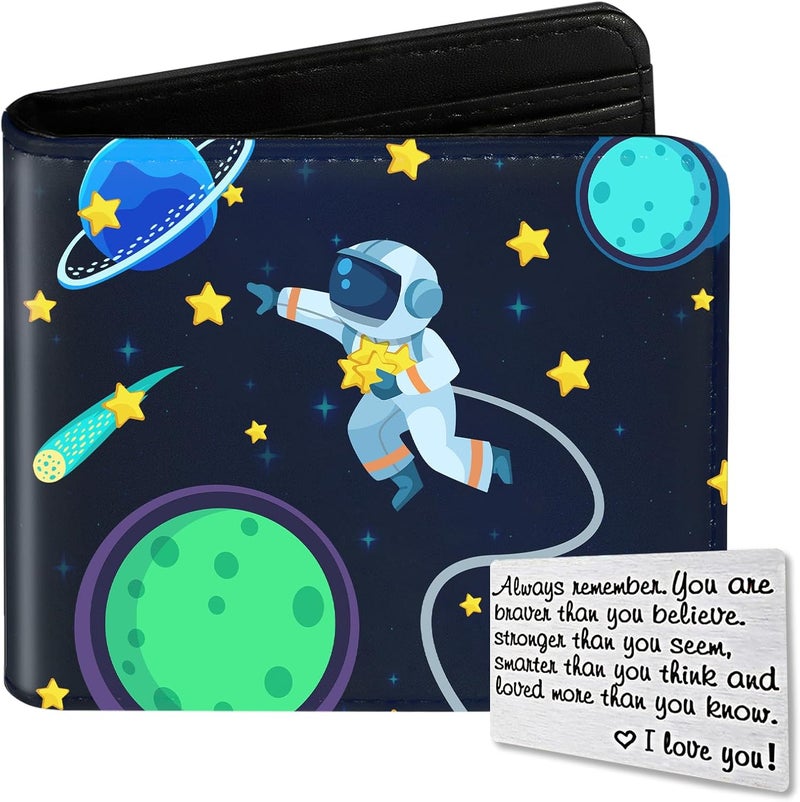Roacap Kids Wallet for Boys, Cool Wallets for Teen Son Ages 4 5 6 7 8 9 10 11 12 13 14 15 16, Leather Space Astronaut Bifold Purse, Christmas Birthday Gift for Kid Men Boy Youth Guys - Image 1